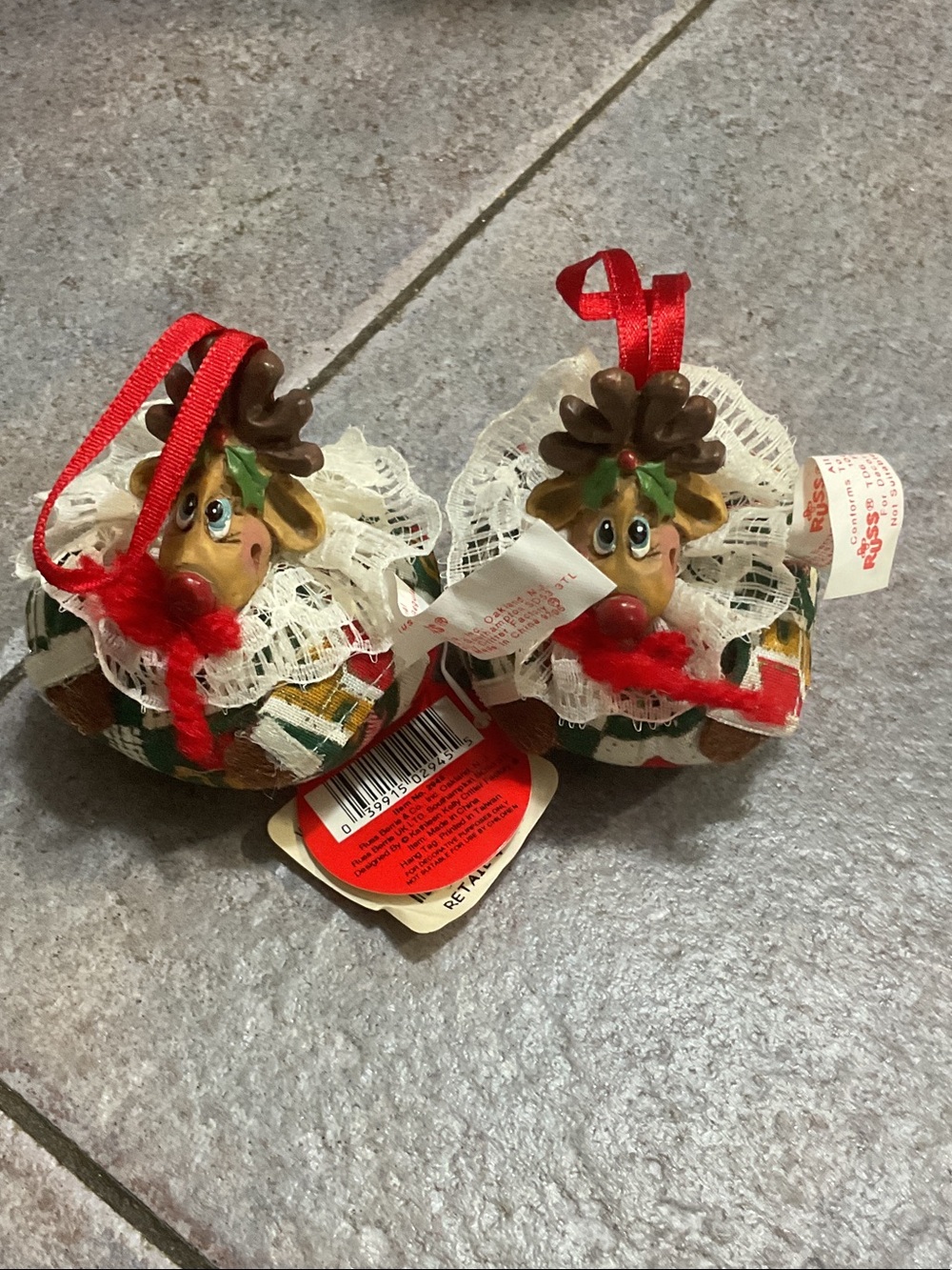 Russ Holiday Reindeer Ornament with Red Ribbon and Green Accents